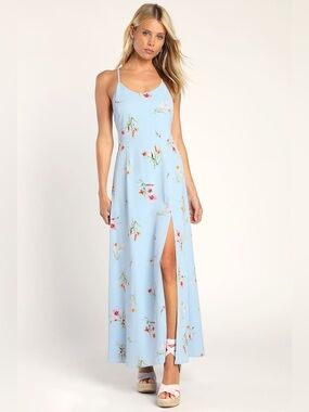 Lulu’s Blooming Vision Light Blue Floral Print Maxi Dress size XS